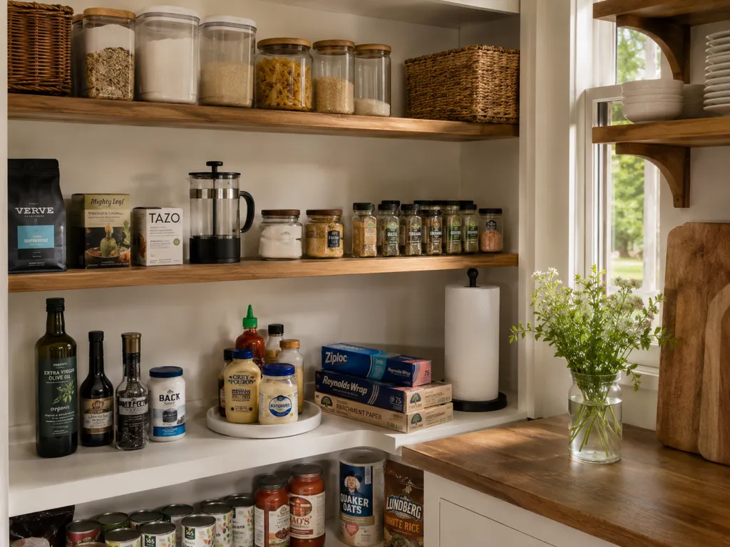 A well-stocked pantry with shelves full of jars, bottles, and boxes.
