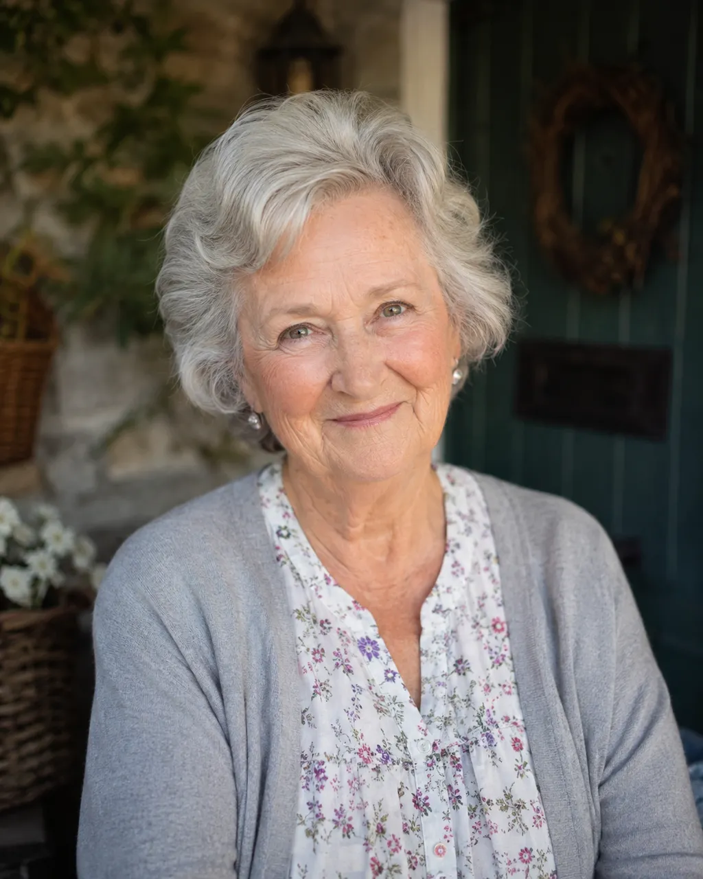 An older woman with white hair smiles outside a green door.