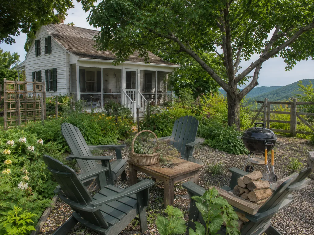 A cottage with a porch, chairs, table, and grill in a garden.