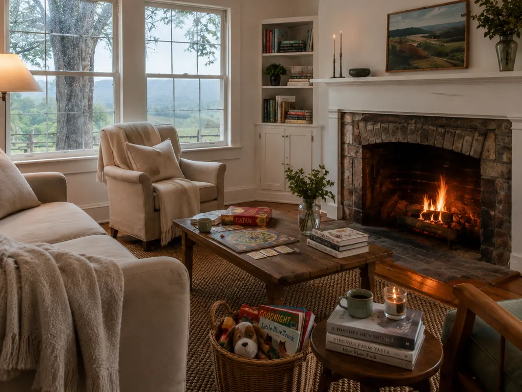 A cozy living room with a fireplace, a couch, a chair, and a coffee table.