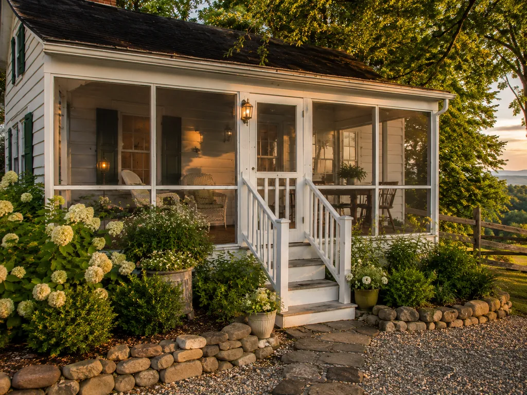 A cozy cottage with a porch, surrounded by greenery and flowers.