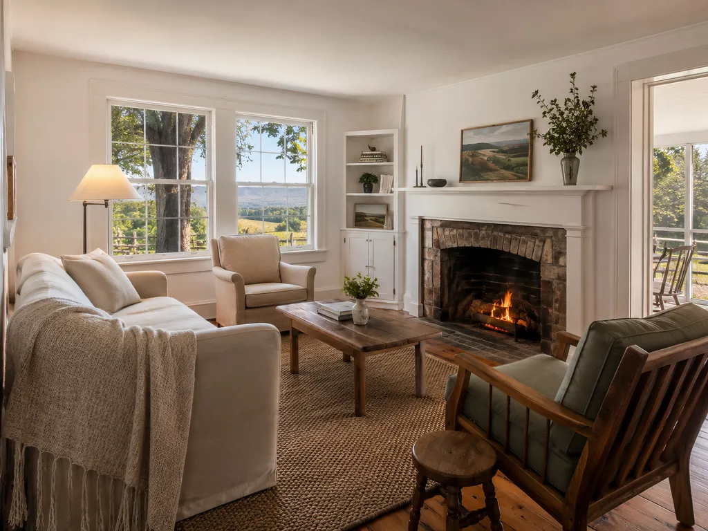 A cozy living room with a fireplace, white couch, and a view of trees outside.