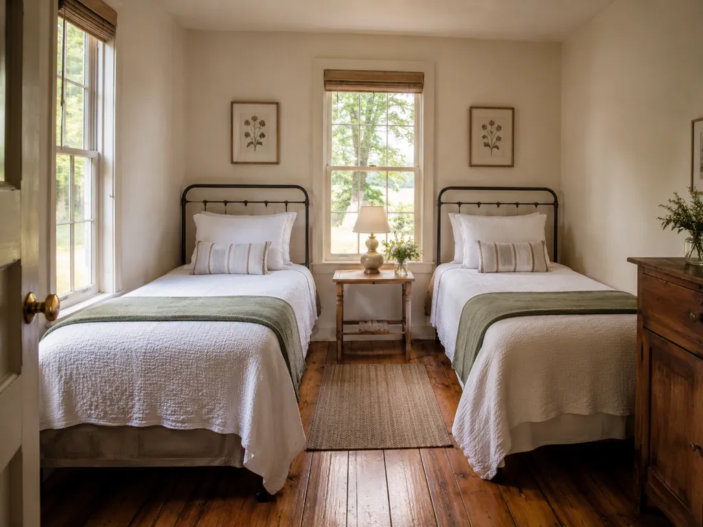 Two twin beds with white bedding and green blankets in a room with wooden floors.