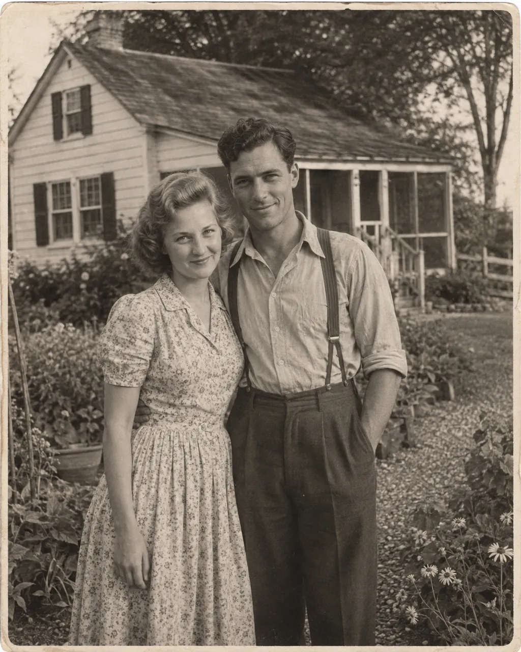 Couple standing in front of a house with a garden in the background.
